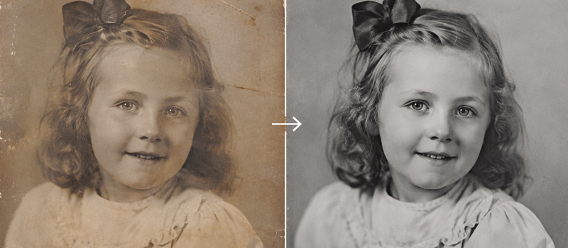 Before-and-after restoration of a vintage portrait